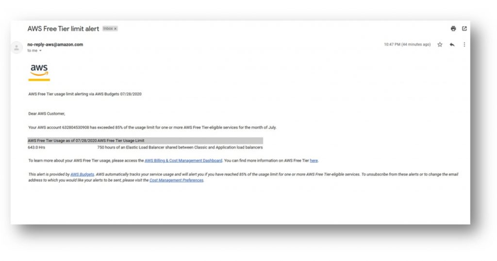 AWS Free Tier limit alert
